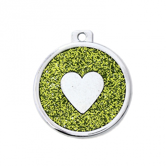 Picture of Zinc Based Alloy Pet Memorial Pendants Round Silver Tone Green Heart Glitter 34mm x 30mm, 5 PCs