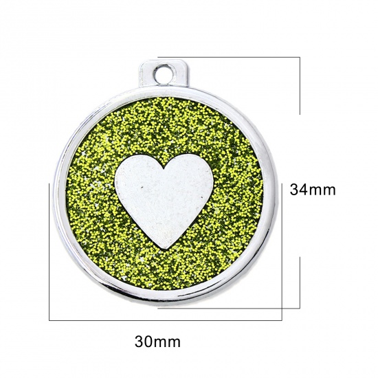 Picture of Zinc Based Alloy Pet Memorial Pendants Round Silver Tone Green Heart Glitter 34mm x 30mm, 5 PCs