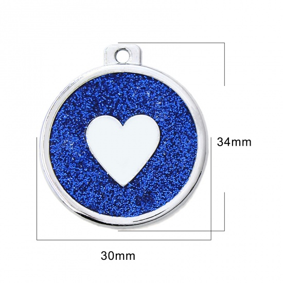 Picture of Zinc Based Alloy Pet Memorial Pendants Round Silver Tone Dark Blue Heart Glitter 34mm x 30mm, 5 PCs