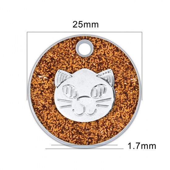 Picture of Zinc Based Alloy Pet Memorial Charms Round Silver Tone Orange Cat Glitter 25mm Dia., 5 PCs