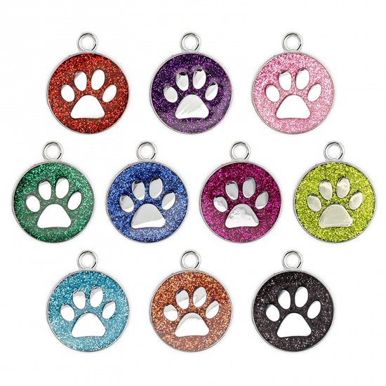 Picture of Zinc Based Alloy Pet Memorial Charms Round Silver Tone Pink Paw Claw Glitter 23mm x 19mm, 5 PCs