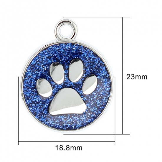 Picture of Zinc Based Alloy Pet Memorial Charms Round Silver Tone Dark Blue Paw Claw Glitter 23mm x 19mm, 5 PCs