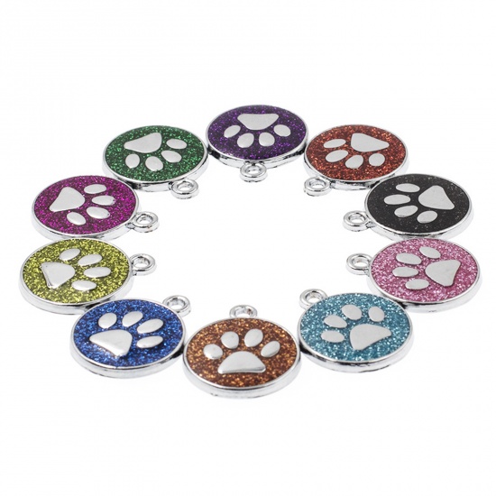 Picture of Zinc Based Alloy Pet Memorial Charms Round Silver Tone Dark Blue Paw Claw Glitter 23mm x 19mm, 5 PCs