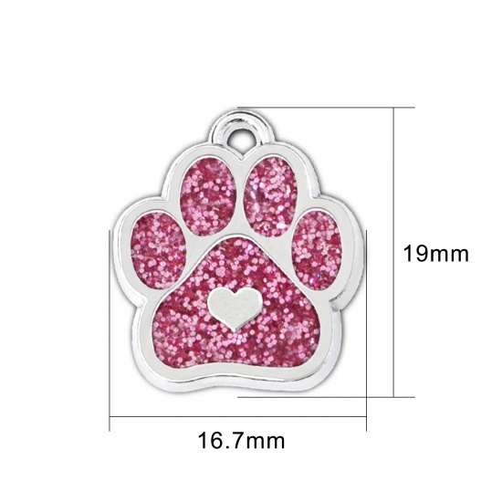 Picture of Zinc Based Alloy Pet Memorial Charms Dog Paw Claw Silver Tone Pink Glitter 19mm x 17mm, 5 PCs