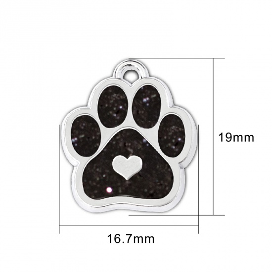 Picture of Zinc Based Alloy Pet Memorial Charms Dog Paw Claw Silver Tone Black Glitter 19mm x 17mm, 5 PCs