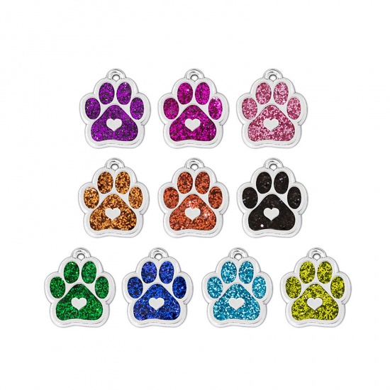 Picture of Zinc Based Alloy Pet Memorial Charms Dog Paw Claw Silver Tone Black Glitter 19mm x 17mm, 5 PCs