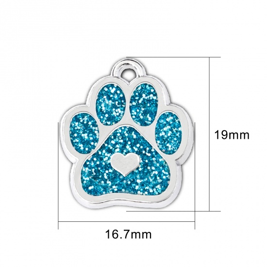Picture of Zinc Based Alloy Pet Memorial Charms Dog Paw Claw Silver Tone Lake Blue Glitter 19mm x 17mm, 5 PCs