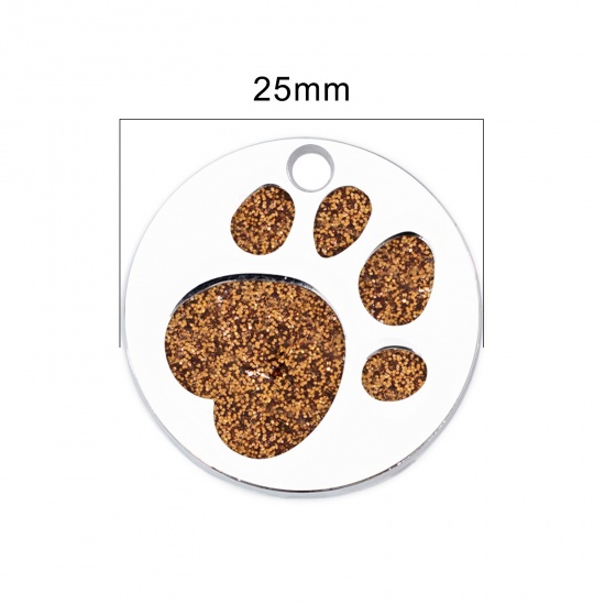 Picture of Zinc Based Alloy Pet Memorial Charms Round Silver Tone Orange Paw Claw Glitter 25mm Dia., 5 PCs