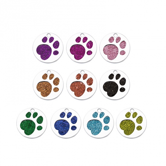 Picture of Zinc Based Alloy Pet Memorial Charms Round Silver Tone Orange Paw Claw Glitter 25mm Dia., 5 PCs
