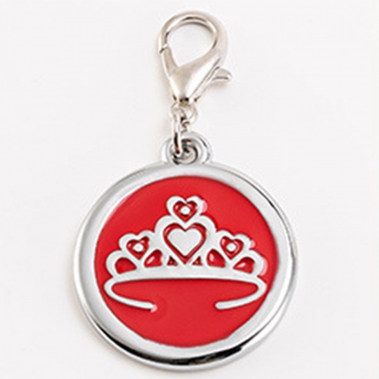 Picture of Zinc Based Alloy Pet Memorial Charms Round Silver Tone Red Crown Enamel 25mm, 2 PCs