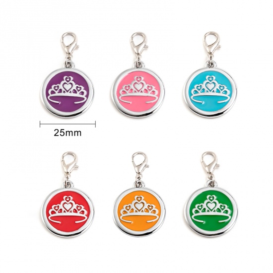 Picture of Zinc Based Alloy Pet Memorial Charms Round Silver Tone Pink Crown Enamel 25mm, 2 PCs
