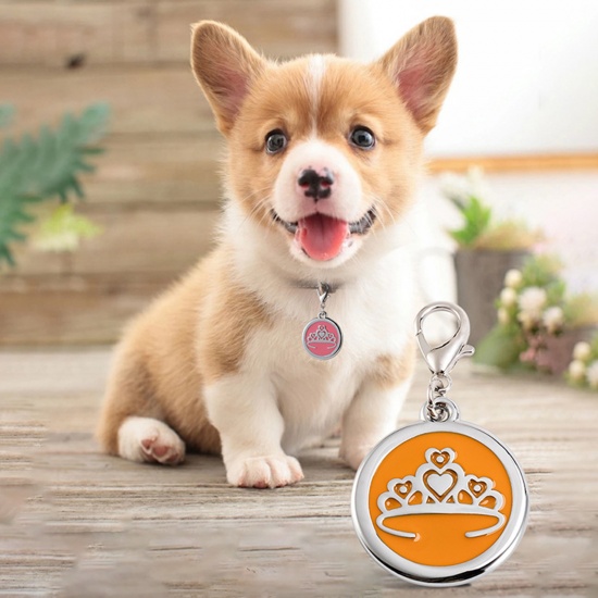 Picture of Zinc Based Alloy Pet Memorial Charms Round Silver Tone Pink Crown Enamel 25mm, 2 PCs