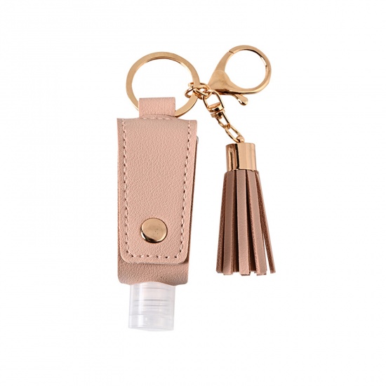 Picture of 30ml PU & Plastic Hand Sanitizer Empty Bottle Keychain & Keyring Pink Tassel 10cm x 3cm, 1 Piece