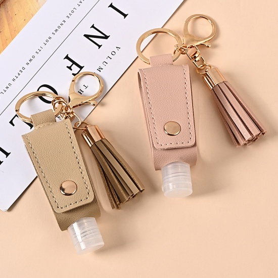 Immagine di 30ml PU & Plastic Hand Sanitizer Empty Bottle Keychain & Keyring Pink Tassel 10cm x 3cm, 1 Piece