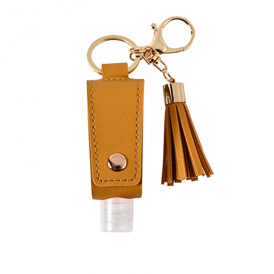 Immagine di 30ml PU & Plastic Hand Sanitizer Empty Bottle Keychain & Keyring Khaki Tassel 10cm x 3cm, 1 Piece