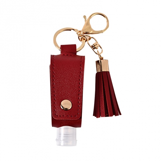 Picture of 30ml PU & Plastic Hand Sanitizer Empty Bottle Keychain & Keyring Wine Red Tassel 10cm x 3cm, 1 Piece