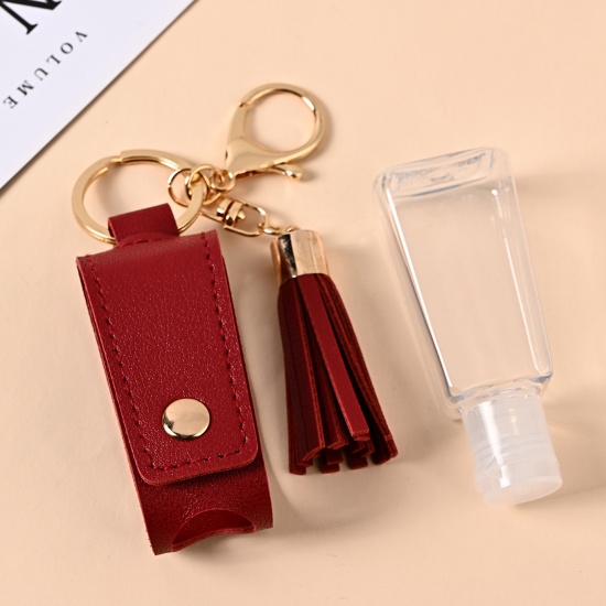 Immagine di 30ml PU & Plastic Hand Sanitizer Empty Bottle Keychain & Keyring Wine Red Tassel 10cm x 3cm, 1 Piece