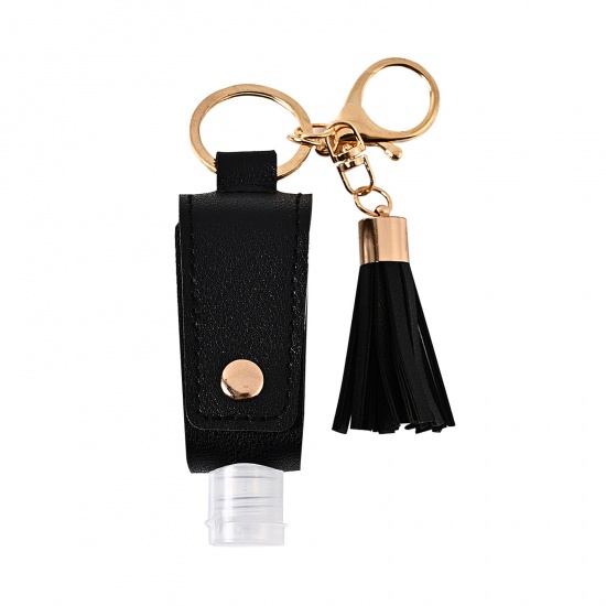 Immagine di 30ml PU & Plastic Hand Sanitizer Empty Bottle Keychain & Keyring Black Tassel 10cm x 3cm, 1 Piece