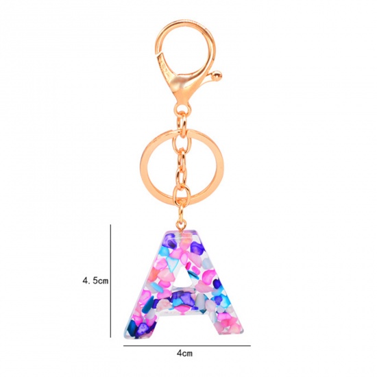 Picture of Zinc Based Alloy & Acrylic Keychain & Keyring Gold Plated Multicolor Capital AlphaBet/ Letter Message " A " 1 Piece