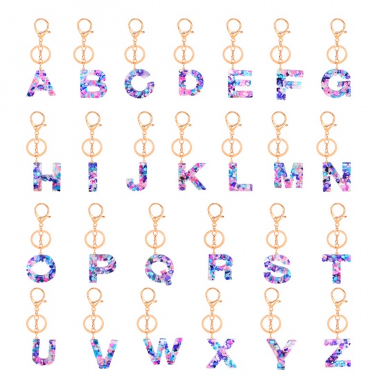 Picture of Zinc Based Alloy & Acrylic Keychain & Keyring Gold Plated Multicolor Capital AlphaBet/ Letter Message " V " 1 Piece