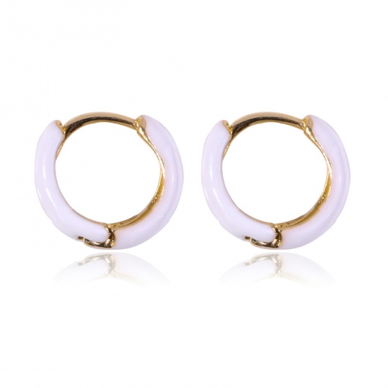 Picture of Brass Hoop Earrings White Circle Ring Enamel 13mm Dia., 1 Pair                                                                                                                                                                                                
