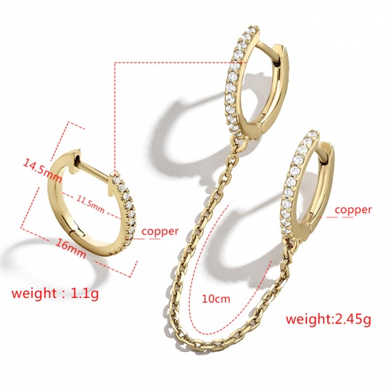 Picture of Copper Chain Hoop Earrings Gold Plated Circle Ring Clear Rhinestone 13.2cm, 1 Piece
