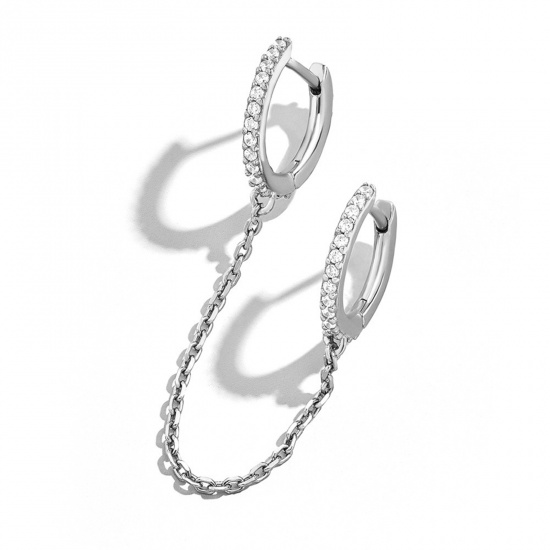 Picture of Brass Chain Hoop Earrings Silver Tone Circle Ring Clear Rhinestone 13.2cm, 1 Piece                                                                                                                                                                            