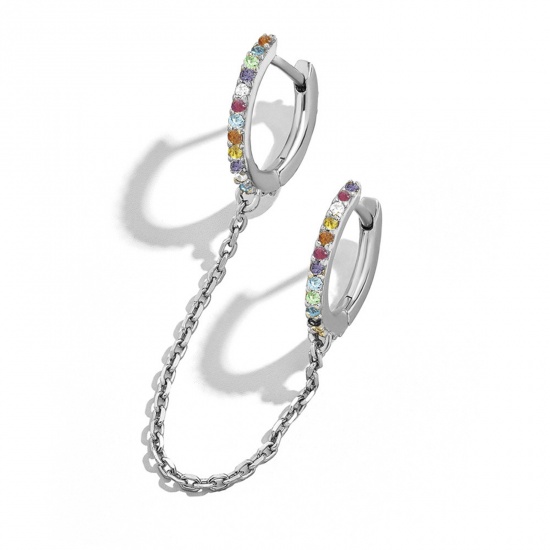 Picture of Copper Chain Hoop Earrings Silver Tone Circle Ring Multicolor Rhinestone 13.2cm, 1 Piece