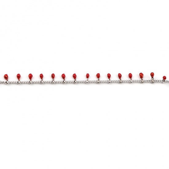 Picture of Stainless Steel Enamel Link Curb Chain Oval Silver Tone Red Glitter 6mm, 1 M