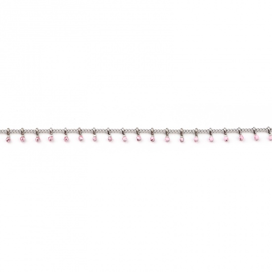 Picture of Stainless Steel Enamel Link Curb Chain Oval Silver Tone Pink Glitter 6mm, 1 M