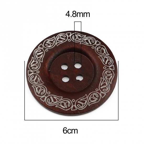 Picture of Wood Sewing Buttons Scrapbooking 4 Holes Round Brown Red Carved Pattern 6cm Dia., 10 PCs
