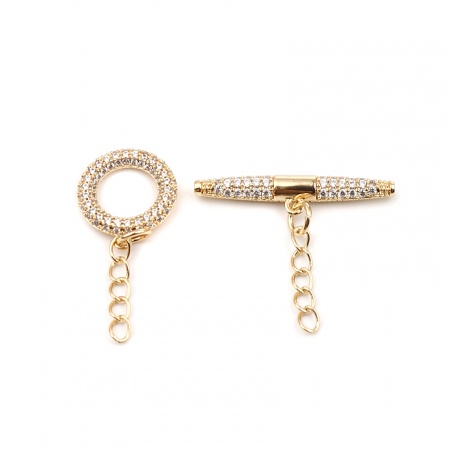 Brass Toggle Clasps Rectangle 18K Real Gold Plated Circle Ring Clear Rhinestone Micro Pave 34mm x 14mm 28mm x 24mm, 1 Set