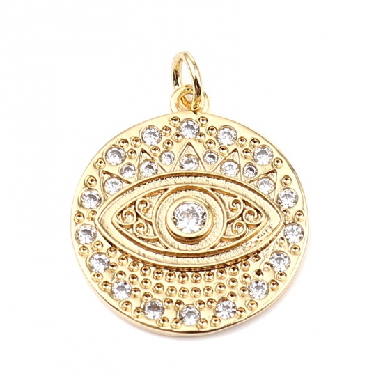 Picture of Brass Micro Pave Charms 18K Real Gold Plated Round Eye Clear Rhinestone 25mm x 19mm, 1 Piece                                                                                                                                                                  