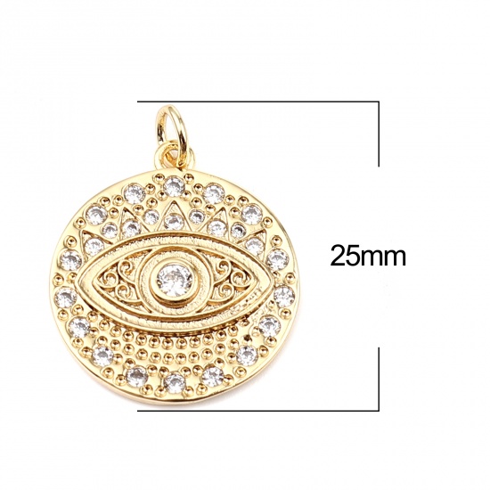 Picture of Brass Micro Pave Charms 18K Real Gold Plated Round Eye Clear Rhinestone 25mm x 19mm, 1 Piece                                                                                                                                                                  