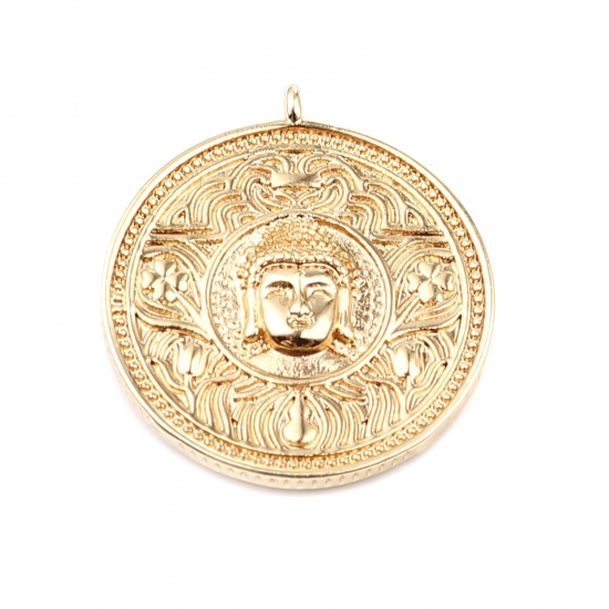 Picture of Brass Religious Charms 18K Real Gold Plated Round Buddha Statue 28mm x 25mm, 2 PCs