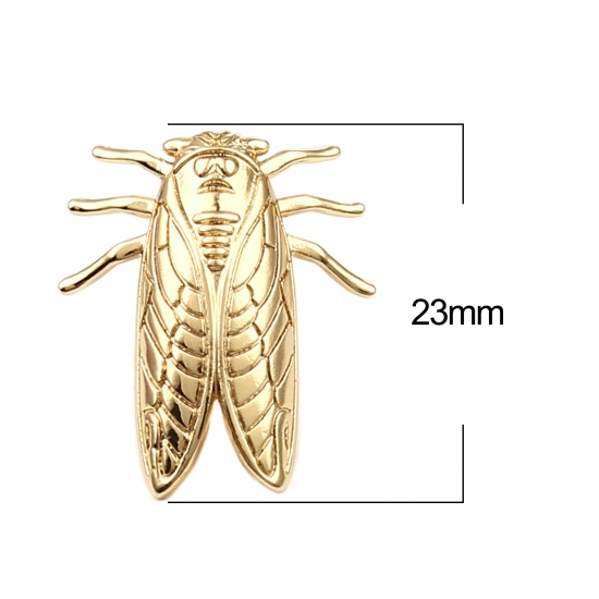 Picture of Brass Insect Ear Post Stud Earrings 18K Real Gold Plated Cicada W/ Loop 23mm x 19mm, 2 PCs