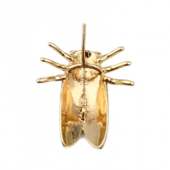 Picture of Brass Insect Ear Post Stud Earrings 18K Real Gold Plated Cicada W/ Loop 23mm x 19mm, 2 PCs