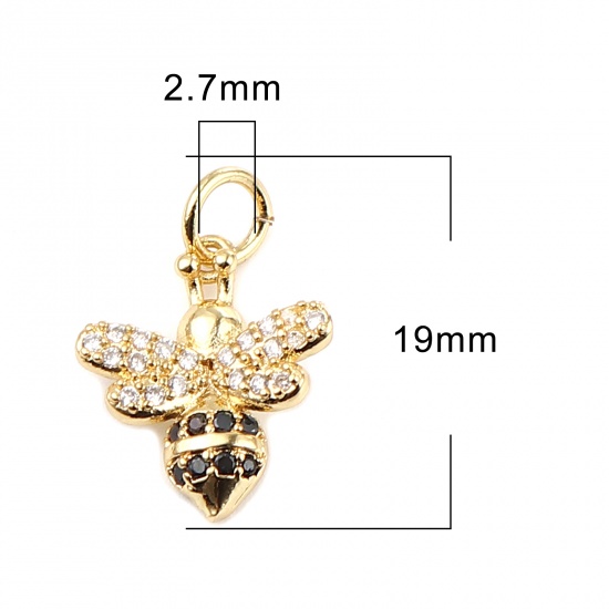 Imagen de Latón Insecto Colgantes Charms Chapado en Oro Abejas Micro Pave Negro & Transparente Rhinestone 19mm x 12mm, 1 Unidad                                                                                                                                         