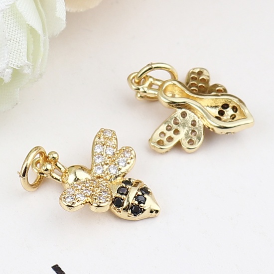 Imagen de Latón Insecto Colgantes Charms Chapado en Oro Abejas Micro Pave Negro & Transparente Rhinestone 19mm x 12mm, 1 Unidad                                                                                                                                         