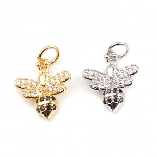 Imagen de Latón Insecto Colgantes Charms Chapado en Oro Abejas Micro Pave Negro & Transparente Rhinestone 19mm x 12mm, 1 Unidad                                                                                                                                         