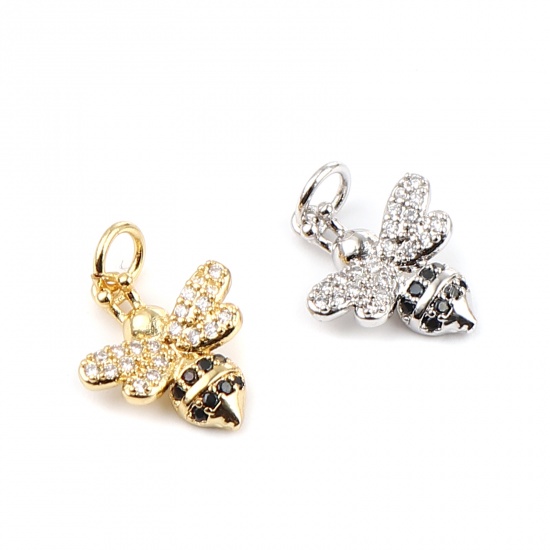 Imagen de Latón Insecto Colgantes Charms Chapado en Oro Abejas Micro Pave Negro & Transparente Rhinestone 19mm x 12mm, 1 Unidad                                                                                                                                         