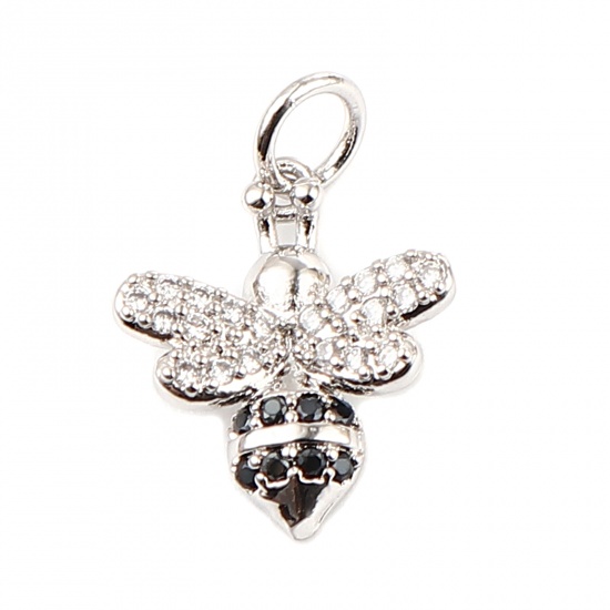 Imagen de Latón Insecto Colgantes Charms Tono de Plata Abejas Micro Pave Negro & Transparente Rhinestone 19mm x 12mm, 1 Unidad                                                                                                                                          