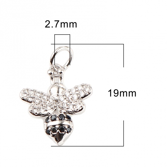 Imagen de Latón Insecto Colgantes Charms Tono de Plata Abejas Micro Pave Negro & Transparente Rhinestone 19mm x 12mm, 1 Unidad                                                                                                                                          