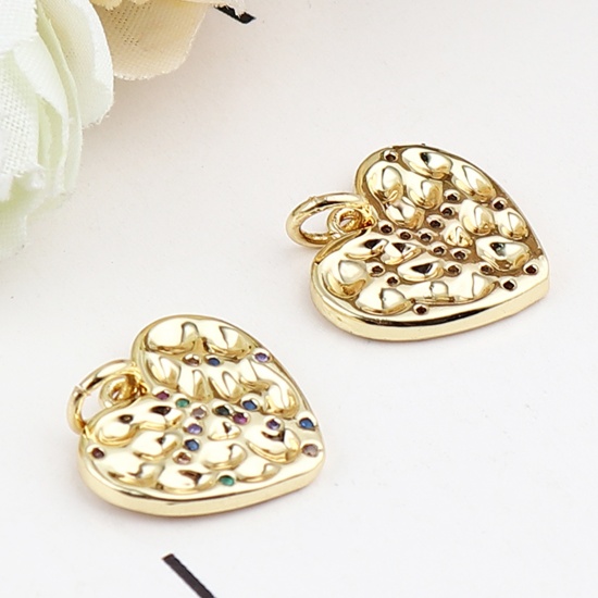 Picture of Brass Valentine's Day Charms Gold Plated Heart Micro Pave Multicolor Rhinestone 17mm x 15mm, 1 Piece                                                                                                                                                          