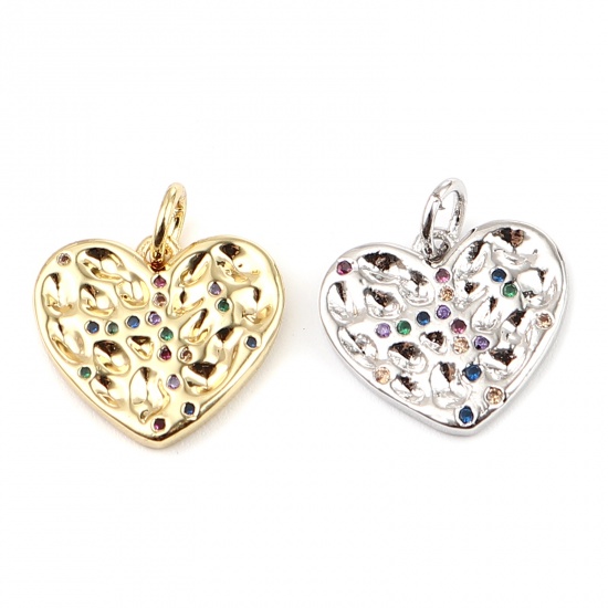 Picture of Brass Valentine's Day Charms Gold Plated Heart Micro Pave Multicolor Rhinestone 17mm x 15mm, 1 Piece                                                                                                                                                          