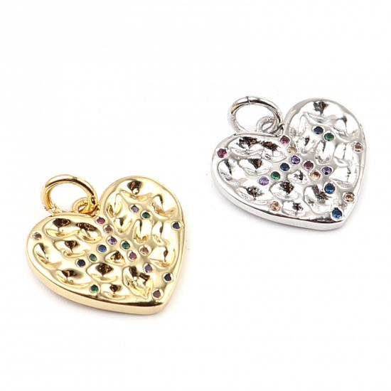 Picture of Copper Valentine's Day Charms Gold Plated Heart Micro Pave Multicolor Rhinestone 17mm x 15mm, 1 Piece