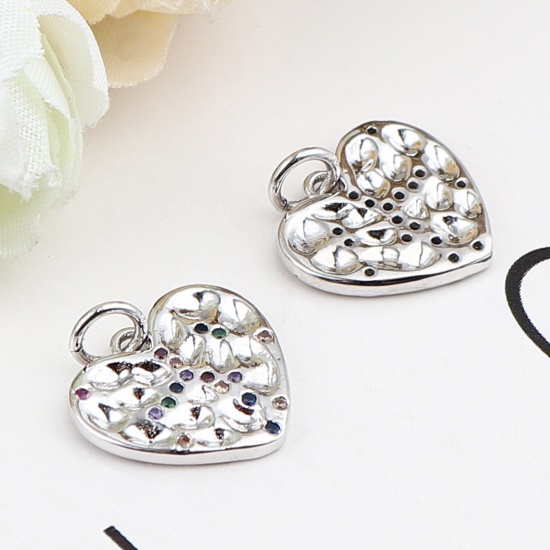 Picture of Brass Valentine's Day Charms Silver Tone Heart Micro Pave Multicolor Rhinestone 17mm x 15mm, 1 Piece                                                                                                                                                          