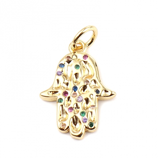 Picture of Copper Religious Charms Gold Plated Hamsa Symbol Hand Micro Pave Multicolor Rhinestone 21mm x 12mm, 1 Piece