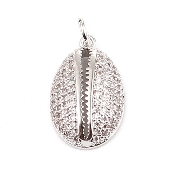 Immagine di Ottone Micro Intarsio Charms Tono Argento Conchiglia Trasparente Strass 24mm x 12mm, 1 Pz