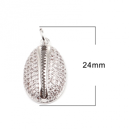 Immagine di Ottone Micro Intarsio Charms Tono Argento Conchiglia Trasparente Strass 24mm x 12mm, 1 Pz
